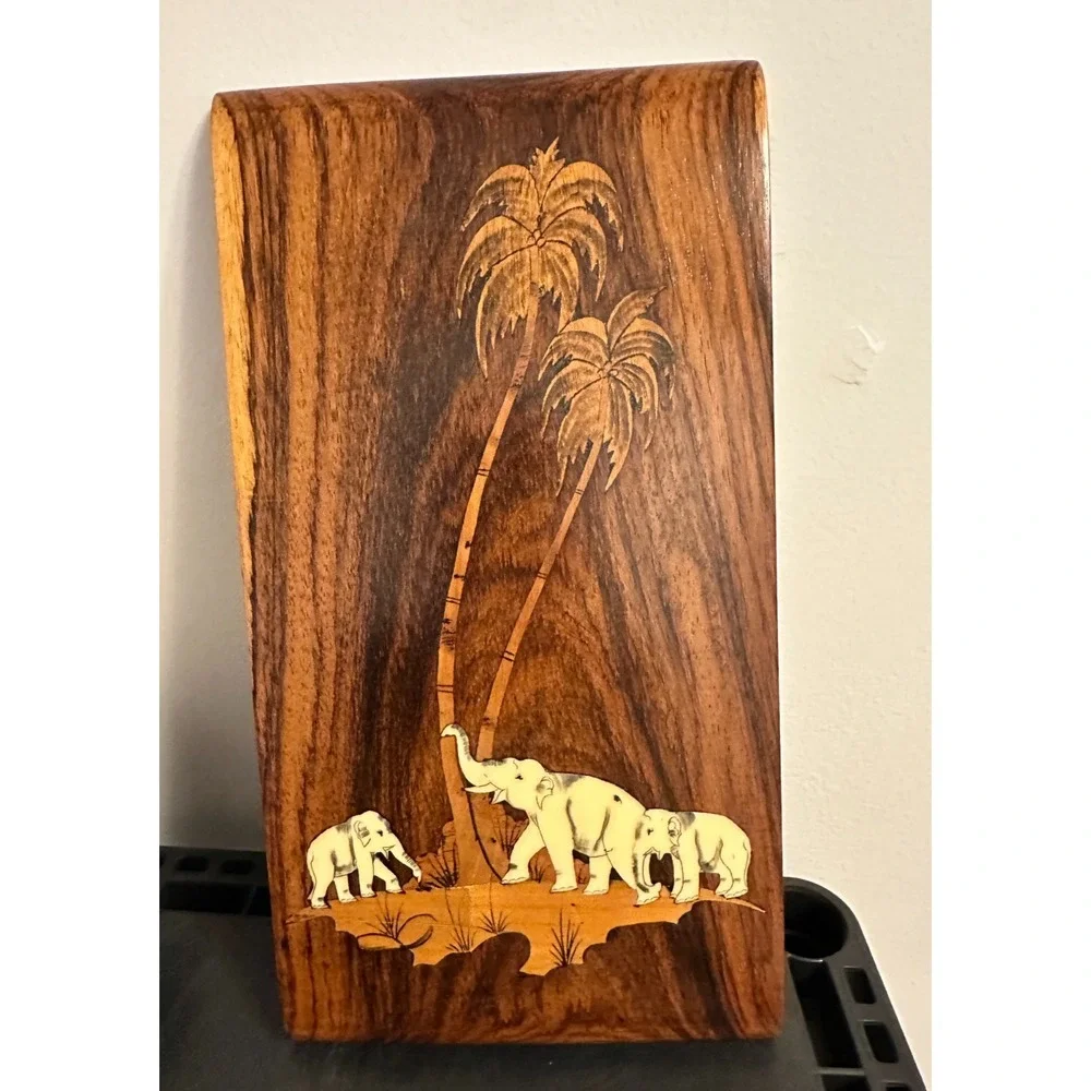 Vintage Wood Marquetry Wall Art Plaque‎ Elephant Palm Tree Inlay Brown Safari